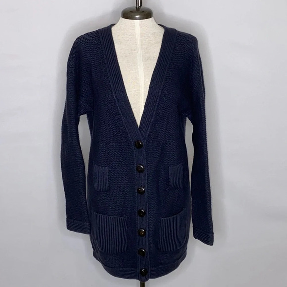 Orla Kiely Long Line 100% Shetland Wool Navy Blue Cardigan - Size 2 - Picture 1 of 7